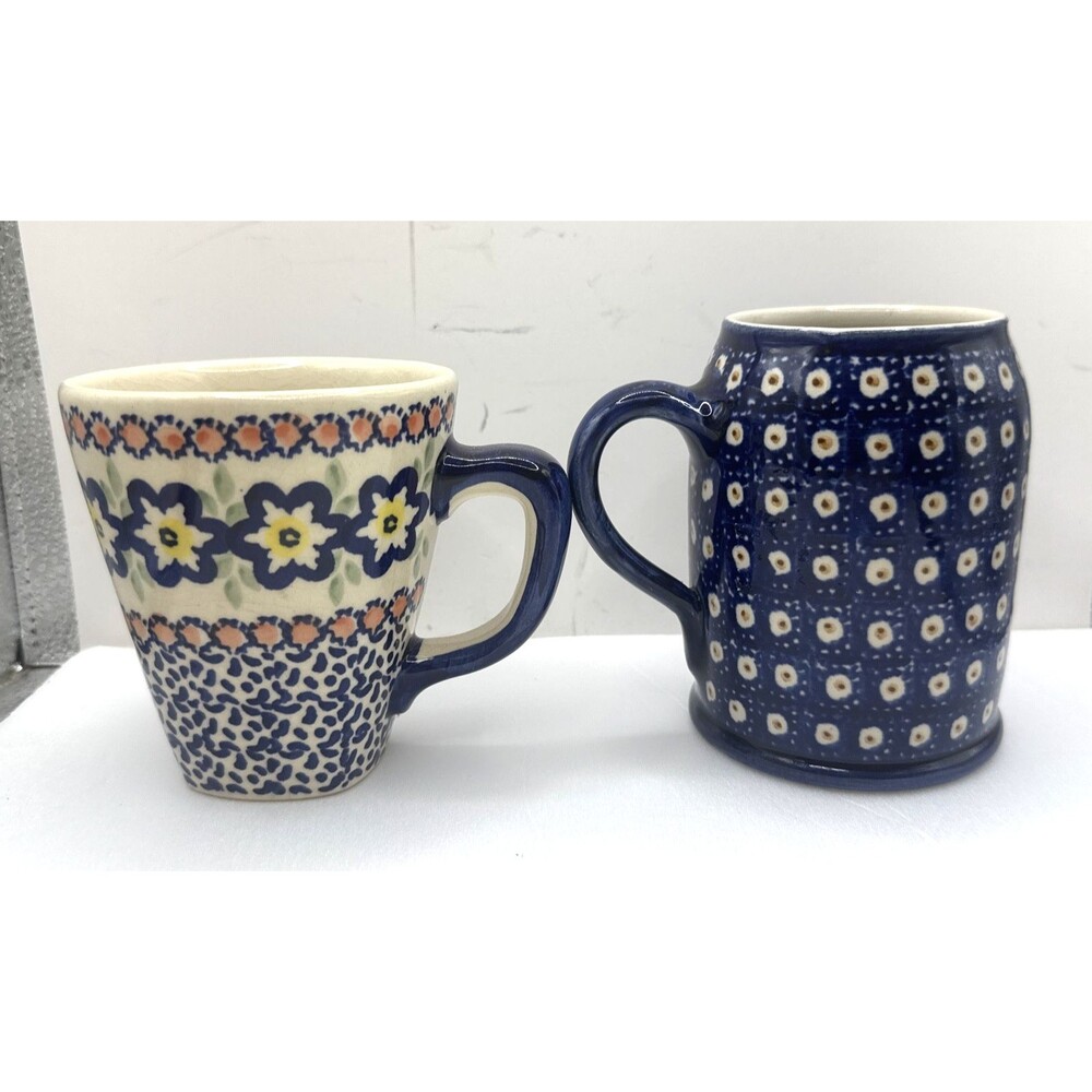 2 Boleslawiec Polish Pottery Pair Of Floral & Peacock Coffee/Tea Mugs